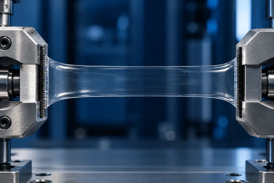 Conceito visual: tira de fita transparente tensionada entre duas garras metálicas