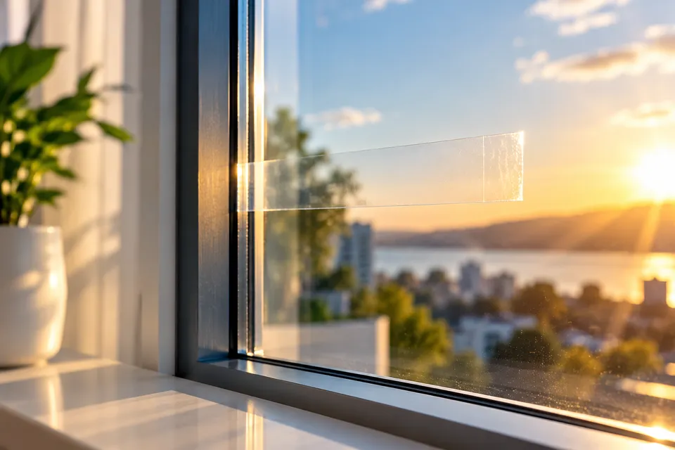 Conceito visual: tira de fita transparente aplicada em janela com luz do sol