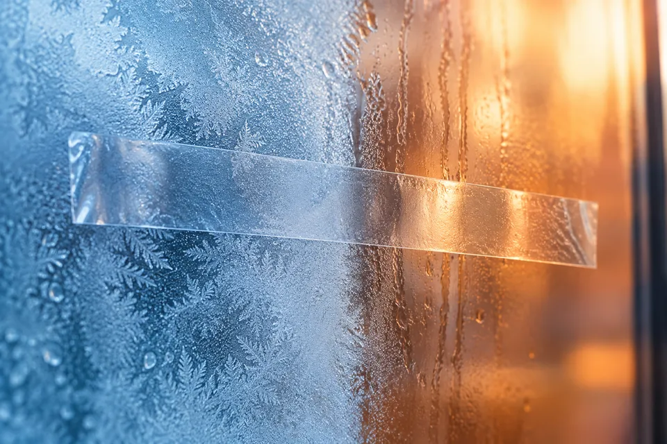 Conceito visual: tira de fita transparente sobre vidro entre um lado frio e um lado quente
