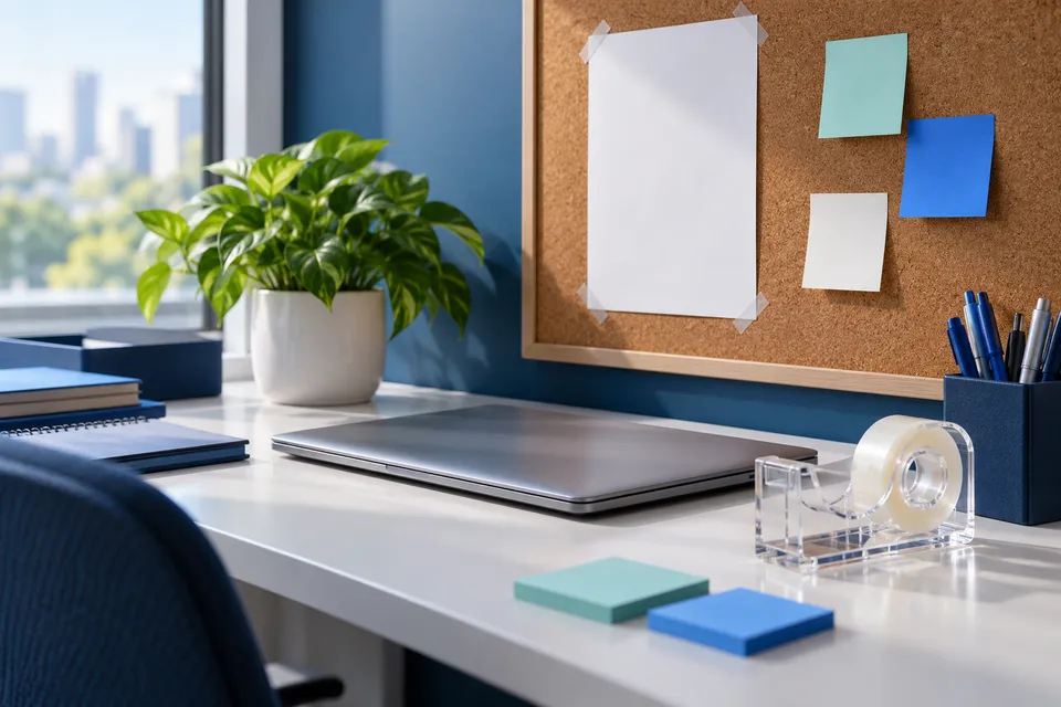 Mesa de escritório com folha presa por fita transparente em quadro de cortiça