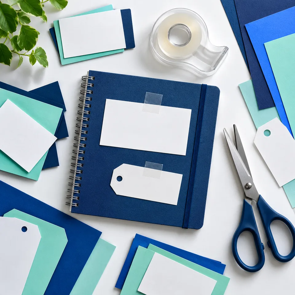 Papelaria criativa com etiquetas presas por fita transparente em um caderno